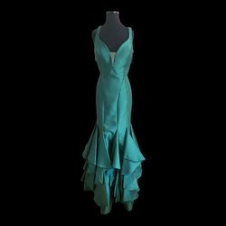 Style 60099 Alyce Paris Green Size 14 60099 Ruffles Silk Mermaid Dress on Queenly