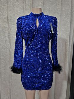 soyaza  Blue Size 12 Appearance Long Sleeve 50 Off Sequined A-line Dress on Queenly