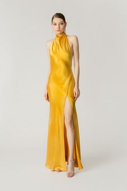 Sau Lee Gold Size 4 Prom Satin Free Shipping Wedding Guest Side slit Dress on Queenly