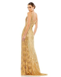 Mac Duggal Gold Size 0 Sequined Prom Side slit Dress on Queenly