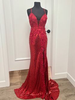 Style 1012 Jovani Red Size 6 Plunge 1012 Side Slit Train A-line Dress on Queenly