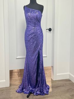 Style 54869 Sherri Hill Purple Size 4 Floor Length Plunge A-line Dress on Queenly