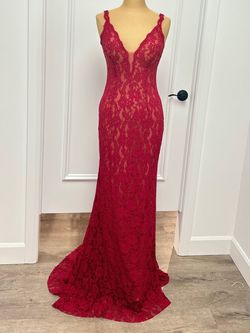 Style 48994A Jovani Red Size 10 Floor Length Cut Out Train Mermaid Dress on Queenly
