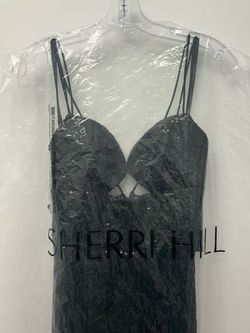Style 55478 Sherri Hill Black Tie Size 6 Sequined Plunge Mermaid Dress on Queenly