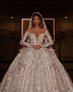 Style AD2051 Albina Dyla Gold Size 8 Long Sleeve Train Ball Gown Embroidery Ad2051 Straight Dress on Queenly