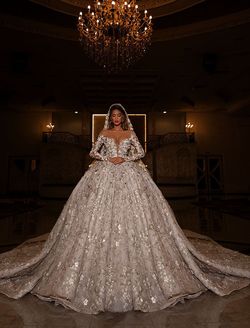 Style AD2051 Albina Dyla Gold Size 8 Long Sleeve Train Ball Gown Embroidery Ad2051 Straight Dress on Queenly