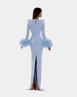 Style AD5227 Albina Dyla Blue Size 0 Feather Long Sleeve Pageant Straight Dress on Queenly
