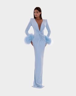 Style AD5227 Albina Dyla Blue Size 4 Feather Long Sleeve Floor Length Straight Dress on Queenly
