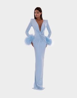 Style AD5227 Albina Dyla Blue Size 8 Feather Floor Length Pageant Straight Dress on Queenly