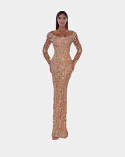 Style AD5231 Albina Dyla Gold Size 0 Long Sleeve Jewelled Corset Pageant Straight Dress on Queenly