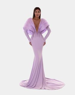 Style AD5214 Albina Dyla Purple Size 8 V Neck Ad5214 Floor Length Long Sleeve Straight Dress on Queenly
