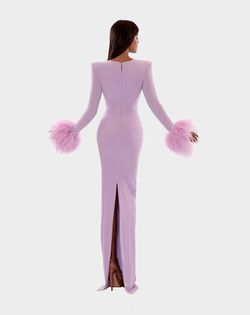 Style AD5210 Albina Dyla Purple Size 4 Feather Long Sleeve Straight Dress on Queenly