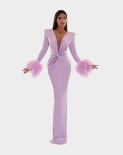Style AD5210 Albina Dyla Purple Size 4 Tall Height Ad5210 Feather Straight Dress on Queenly