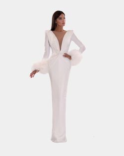 Style AD5224 Albina Dyla White Size 0 Feather Ad5224 Pageant Long Sleeve Straight Dress on Queenly