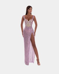 Style AD5219 Albina Dyla Purple Size 16 Jewelled Plus Size Corset Side slit Dress on Queenly