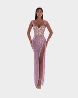 Style AD5219 Albina Dyla Purple Size 16 Jewelled Plus Size Corset Side slit Dress on Queenly