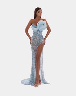 Style AD5229 Albina Dyla Blue Size 8 Black Tie Lace Tall Height Side slit Dress on Queenly