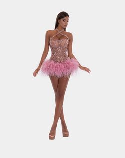 Style AD5217 Albina Dyla Pink Size 0 Black Tie Ad5217 Feather Straight Dress on Queenly