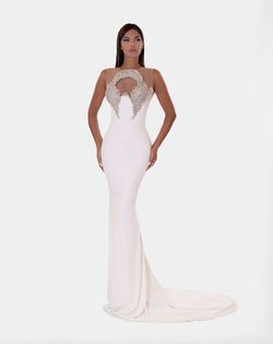 Style AD5223 Albina Dyla White Size 12 Floor Length Tulle Jewelled Straight Dress on Queenly
