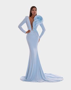 Style AD5226 Albina Dyla Blue Size 8 V Neck Floor Length Pageant Straight Dress on Queenly