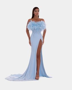 Style AD5228 Albina Dyla Blue Size 0 Pageant Corset Black Tie Floor Length Side slit Dress on Queenly