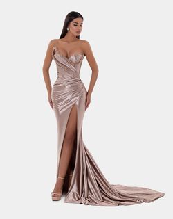 Style AD5124 Albina Dyla Gold Size 4 Corset Ad5124 Satin Tall Height Side slit Dress on Queenly