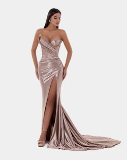 Style AD5124 Albina Dyla Gold Size 20 Corset Ad5124 Satin Tall Height Side slit Dress on Queenly
