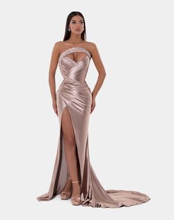 Style AD5126 Albina Dyla Gold Size 4 Corset Satin Black Tie Side slit Dress on Queenly