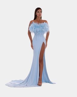 Style AD5228 Albina Dyla Blue Size 4 Feather Tall Height Side slit Dress on Queenly