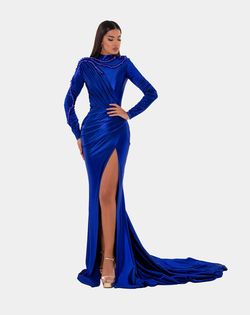 Style AD5110 Albina Dyla Blue Size 0 High Neck Pageant Side slit Dress on Queenly