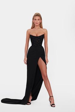 Style AD2208 Albina Dyla Black Tie Size 0 Shiny Corset Side slit Dress on Queenly
