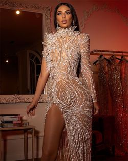 Style AD2225 Albina Dyla Silver Size 0 Sequined High Neck Embroidery Side slit Dress on Queenly