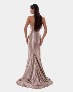 Style AD5124 Albina Dyla Gold Size 0 Floor Length Satin Side slit Dress on Queenly