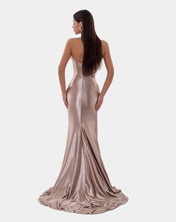 Style AD5124 Albina Dyla Gold Size 12 Tall Height Satin Pageant Side slit Dress on Queenly