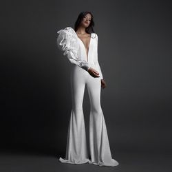 Style AD2134 Albina Dyla White Size 12 Flare Tall Height Floor Length Long Sleeve Jumpsuit Dress on Queenly