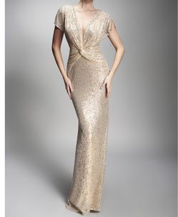 Nicole Bakti Gold Size 8 Plunge Floor Length A-line Dress on Queenly