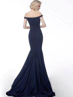 Style 55187 Jovani Blue Size 6 Train Flare Jersey Mermaid Dress on Queenly