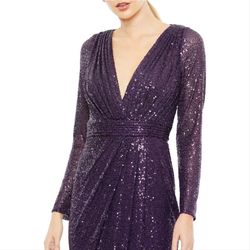 Style 26490 Mac Duggal Purple Size 14 Floor Length V Neck Long Sleeve 26490 Shiny Side slit Dress on Queenly