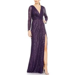 Style 26490 Mac Duggal Purple Size 14 Floor Length V Neck Long Sleeve 26490 Shiny Side slit Dress on Queenly