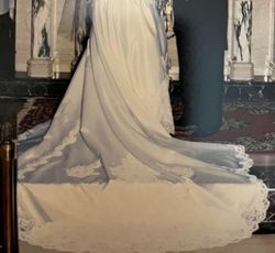 Angel Damour White Size 18 Plus Size Wedding Embroidery High Neck Floor Length Train Dress on Queenly
