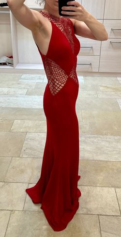 Jovani Red Size 4 High Neck Jersey Straight Dress on Queenly