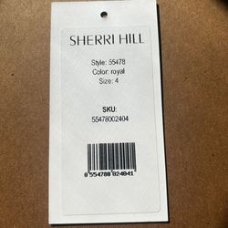 Style 55478 Sherri Hill Blue Size 4 Tall Height Black Tie Side slit Dress on Queenly
