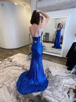Style 55478 Sherri Hill Blue Size 4 Tall Height Black Tie Side slit Dress on Queenly