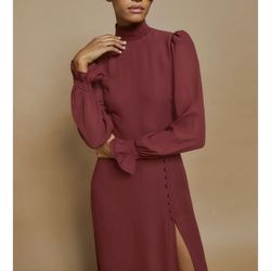 Reformation Red Size 4 Long Sleeve High Neck Flare Floor Length Side slit Dress on Queenly