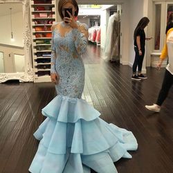Sherri Hill Blue Size 00 Prom Long Sleeve Mermaid Dress on Queenly