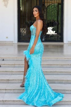Style PS23029 Portia and Scarlett Blue Size 6 Turquoise Floor Length Strapless Side slit Dress on Queenly