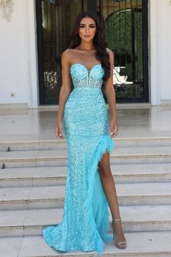 Style PS23029 Portia and Scarlett Blue Size 6 Turquoise Floor Length Strapless Side slit Dress on Queenly