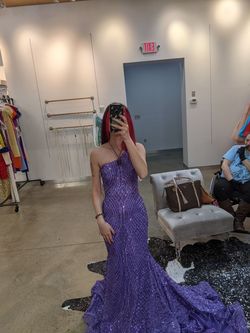 Jovani Purple Size 00 Sequined Train One Shoulder Mermaid Dress on Queenly