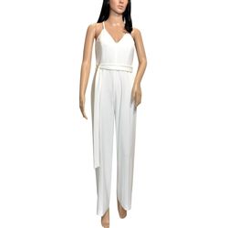 Style 1-197023659-238 bebe White Size 12 Free Shipping V Neck Engagement Floor Length Jumpsuit Dress on Queenly