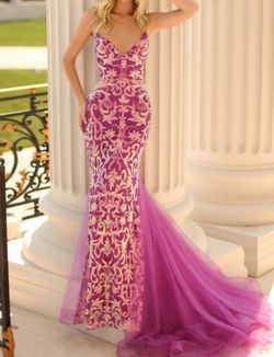 Style 1-2061025459-1498 Clarisse Pink Size 4 Tulle Magenta Military Floor Length Mermaid Dress on Queenly